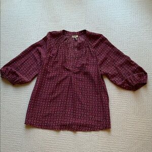 Joie Burgundy Geometric Silk V Neck Blouse Size Small